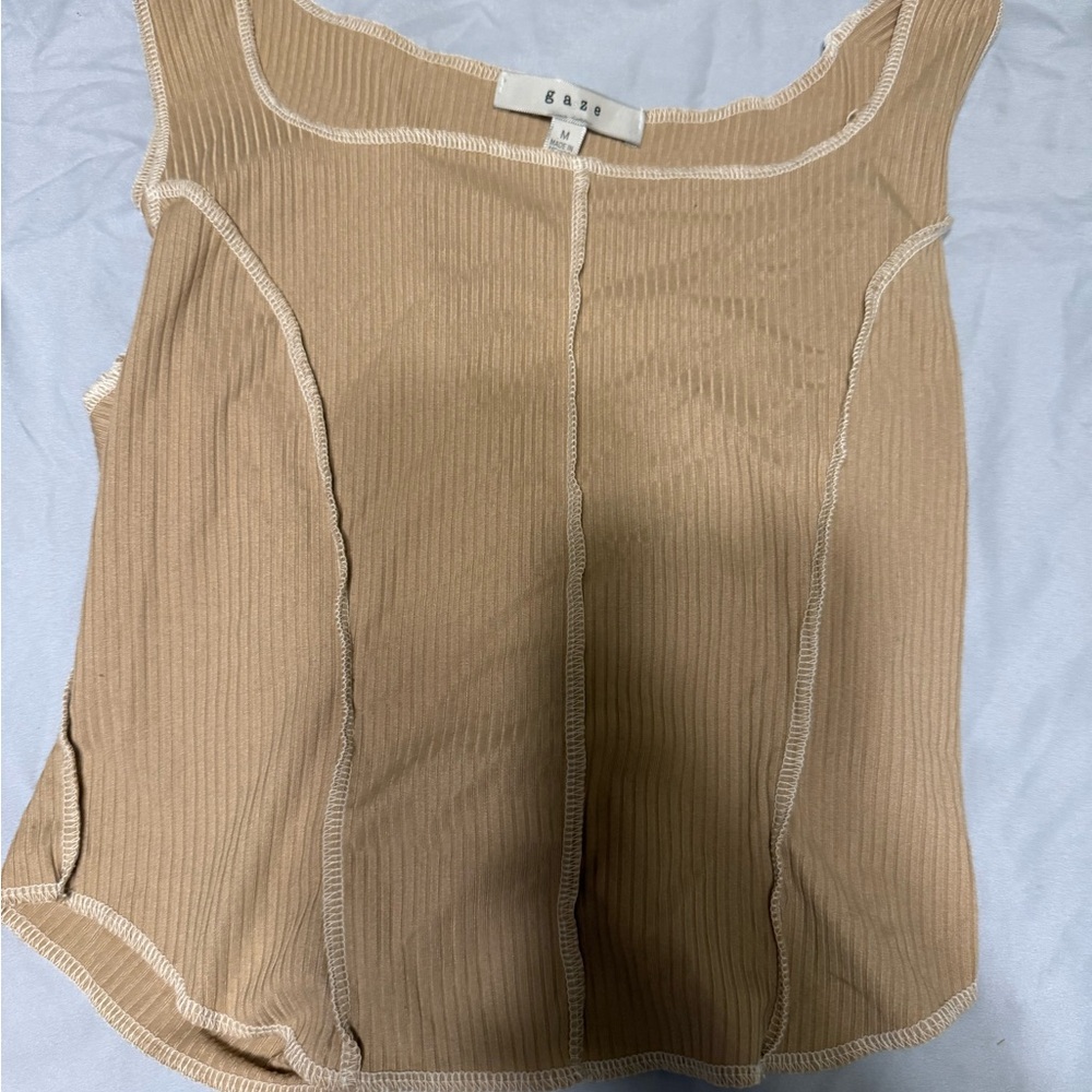 Gaze Tan Ribbed Sleeveless Tank Top